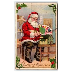 Vintage Santa Claus Painting Toy House Christmas Postcard Embossed N.C. 1909